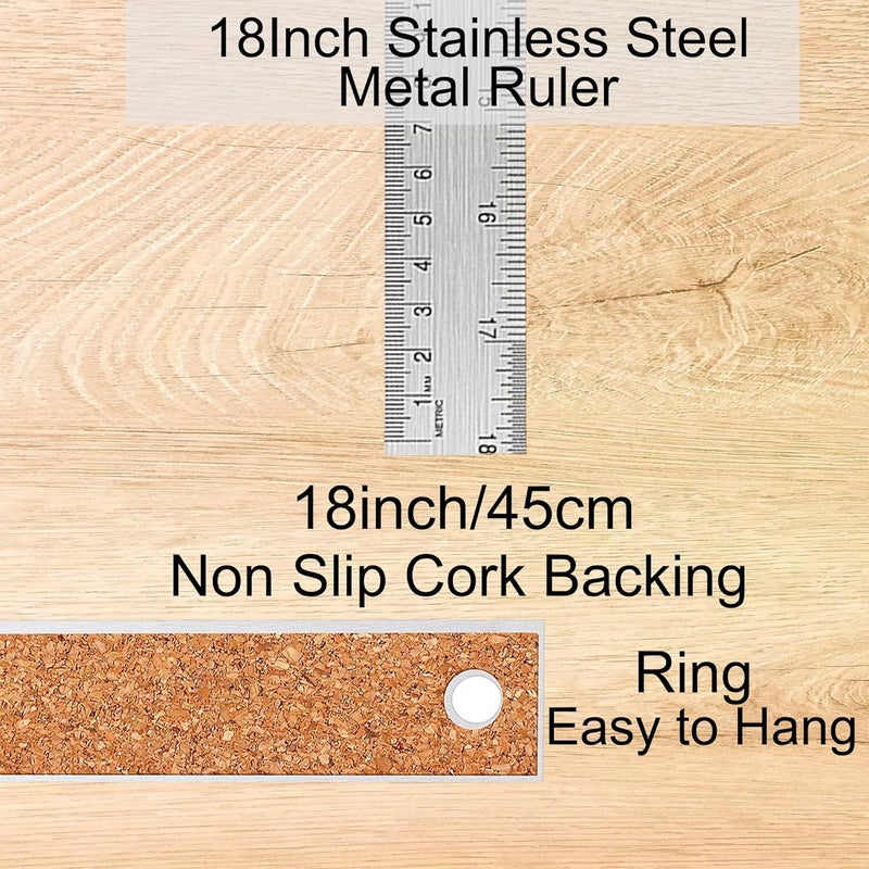 Boompark Metal Ruler 18 Inch: [2 Pieces 18 Inch] Non-Slip Cork Backing Rulers with Inch and Centimeters Prevent Ink Leakage:for School Office Drawing Engineering - Image 1
